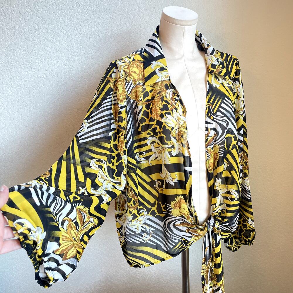 Love J yellow Black Baroque print chiffon sheer long sleeve blouse women plus 2X